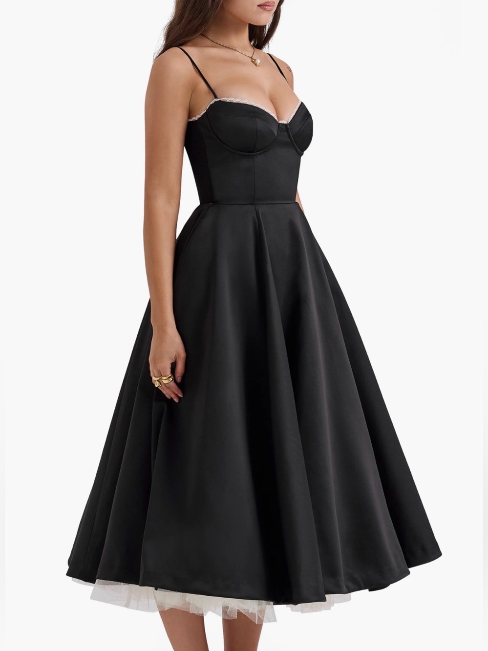 House of CB  “Mademoiselle” Black Corset Spaghetti Strap A-line Midi Dress - Picture 3 of 8